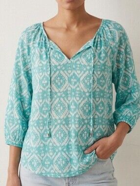 GAP Women's Aqua Patterned Peasant Top M
